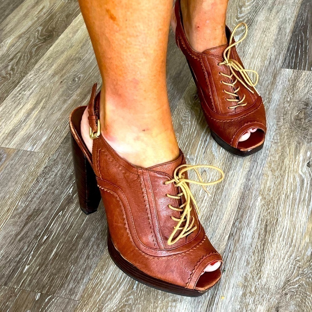 Nine West Nwondertoe peep toe leather platform high block heels size 10.5